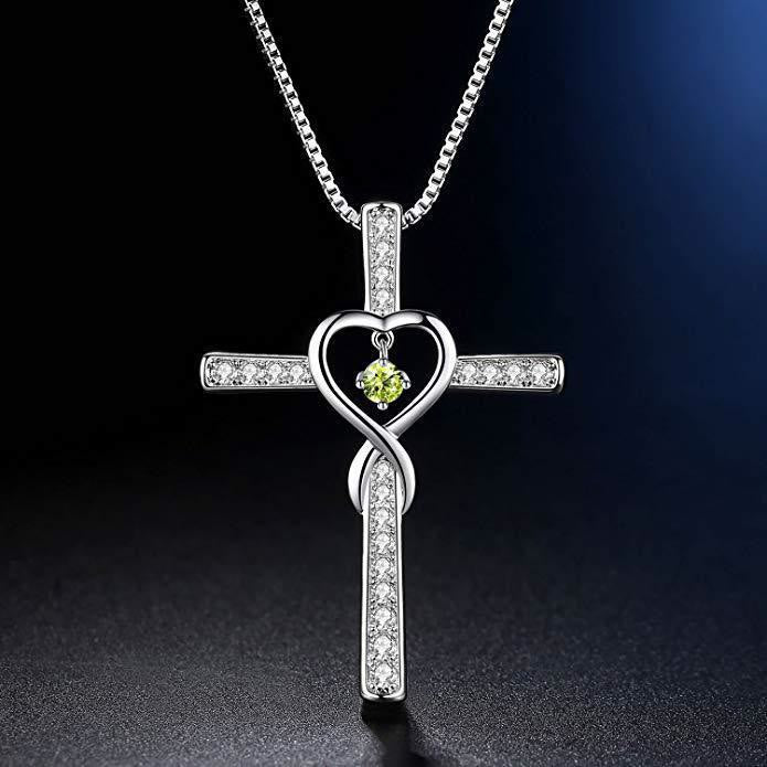 Christianartworkshop Collier croix avec pierre de naissance des 12 mois, motif cœur et accents scintillants - Août - image 8