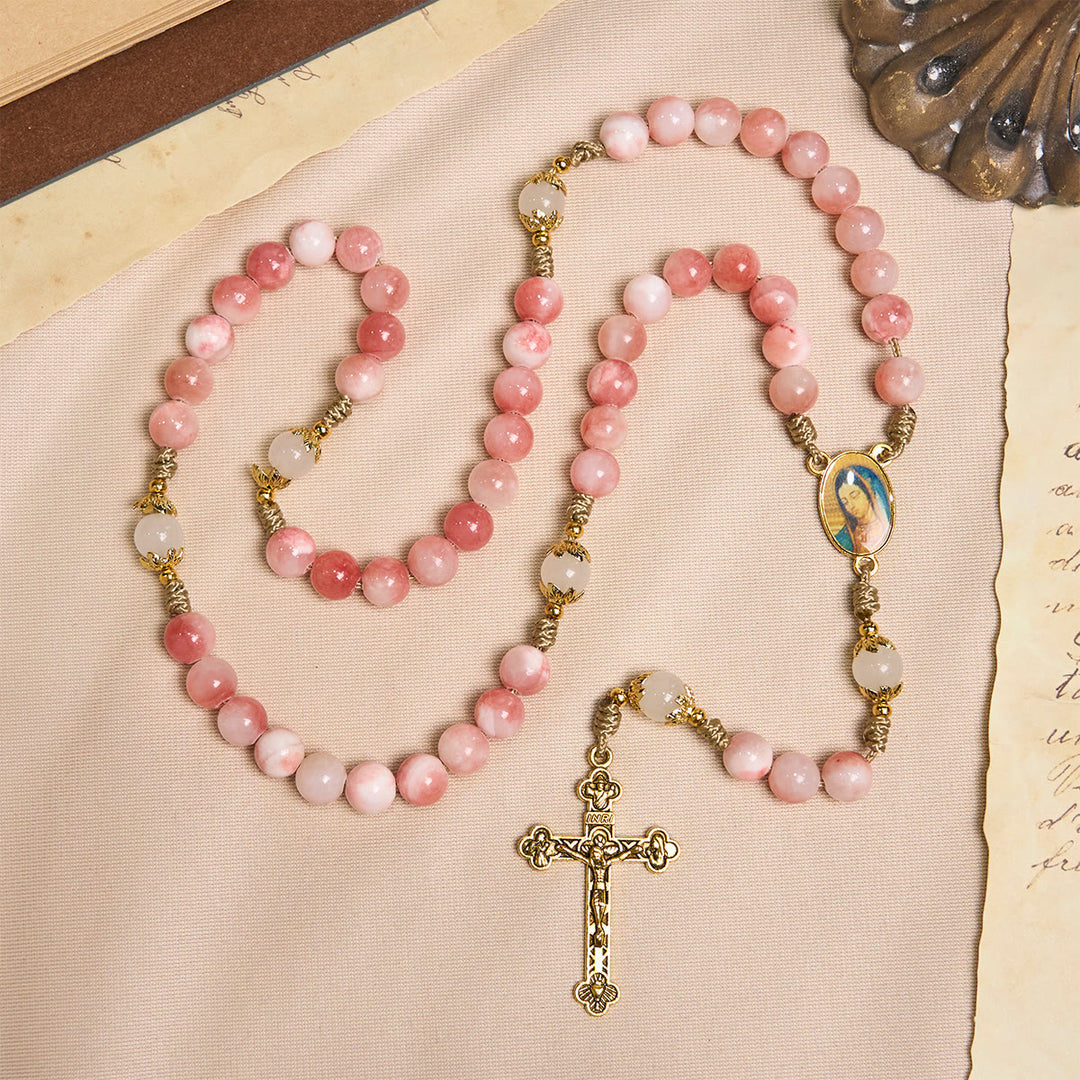 Christianartworkshop Chapelet fait main en perles roses brillantes avec crucifix en laiton et breloque Notre-Dame - image 3