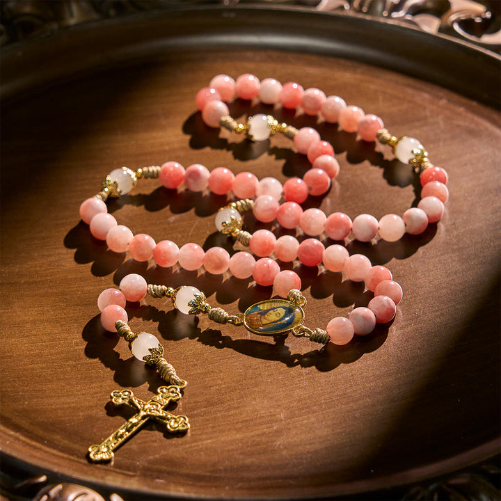 Christianartworkshop Chapelet fait main en perles roses brillantes avec crucifix en laiton et breloque Notre-Dame - image 5