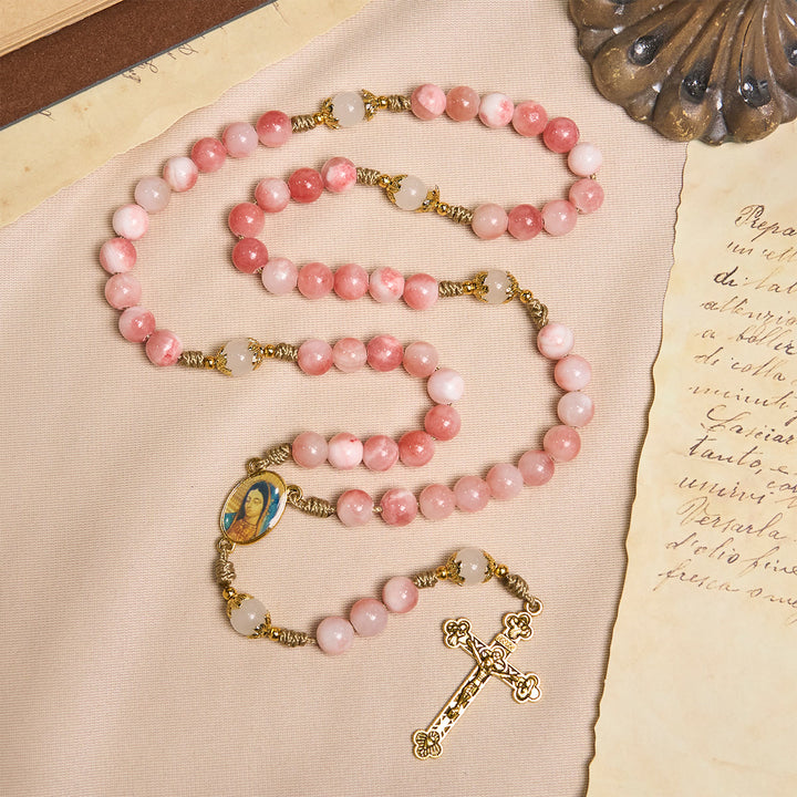 Christianartworkshop Chapelet fait main en perles roses brillantes avec crucifix en laiton et breloque Notre-Dame - image 6