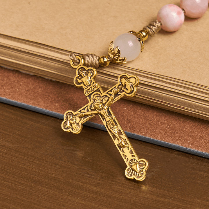 Christianartworkshop Chapelet fait main en perles roses brillantes avec crucifix en laiton et breloque Notre-Dame - image 7