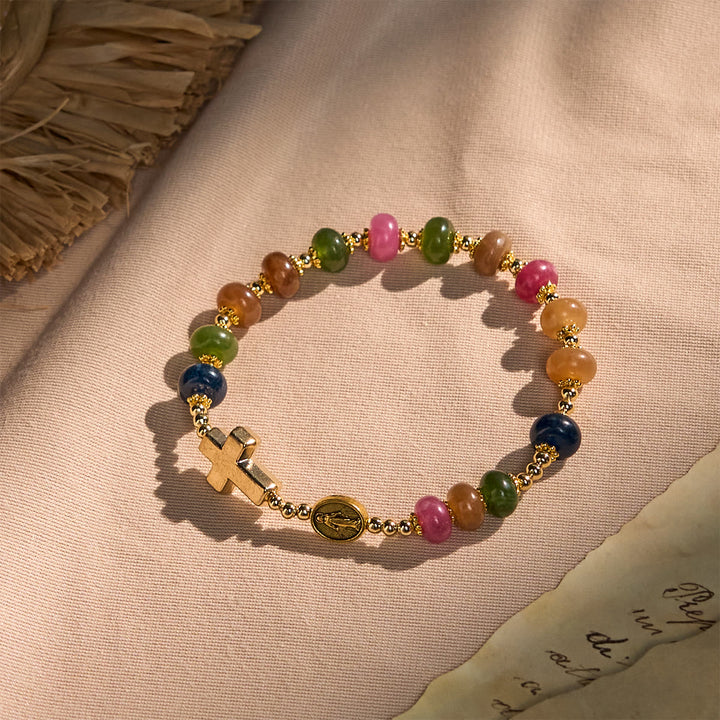 Bracelet en perles de tourmaline et boulier, orné d'une croix et d'une médaille miraculeuse, proposé par Christianartworkshop. - Tour de poignet : 15-18 cm - image 0