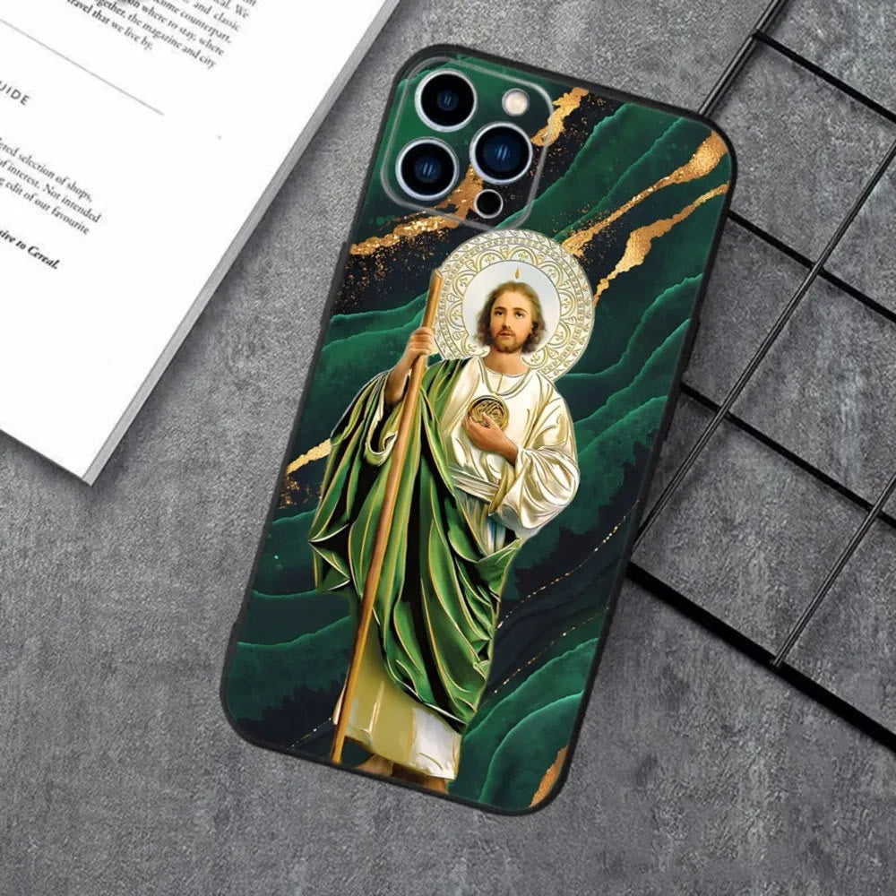 Christianartworkshop Coque de téléphone à l'effigie du Saint Jésus : un design sacré et une source de paix - Icône émeraude - 15 ans et plus - image 1