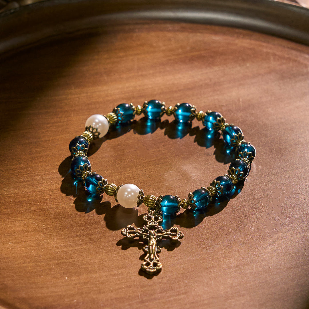 Christianartworkshop Bracelets spirituels en perles bleues brillantes ornés d'un crucifix en laiton sacré - image 2