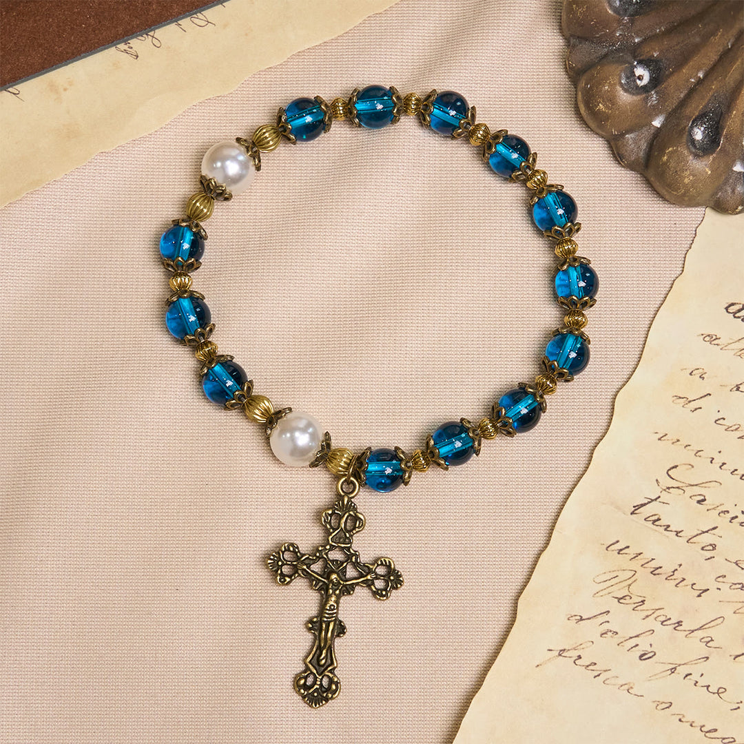 Christianartworkshop Bracelets spirituels en perles bleues brillantes ornés d'un crucifix en laiton sacré - image 3