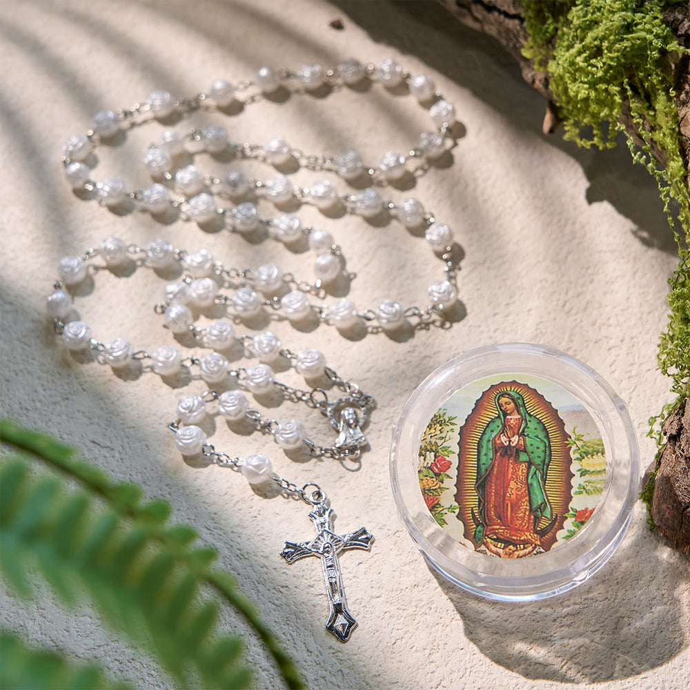 Christianartworkshop Chapelet élégant en perles de rose blanche avec boîte à la Vierge Marie pour les bénédictions - Argent - image 1