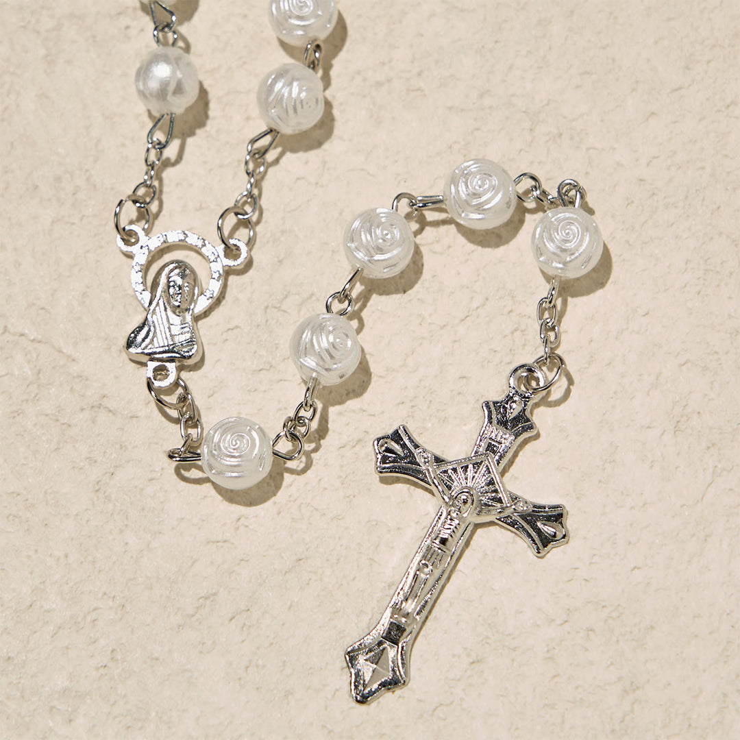 Christianartworkshop Chapelet élégant en perles de rose blanche avec boîte à la Vierge Marie pour les bénédictions - image 8