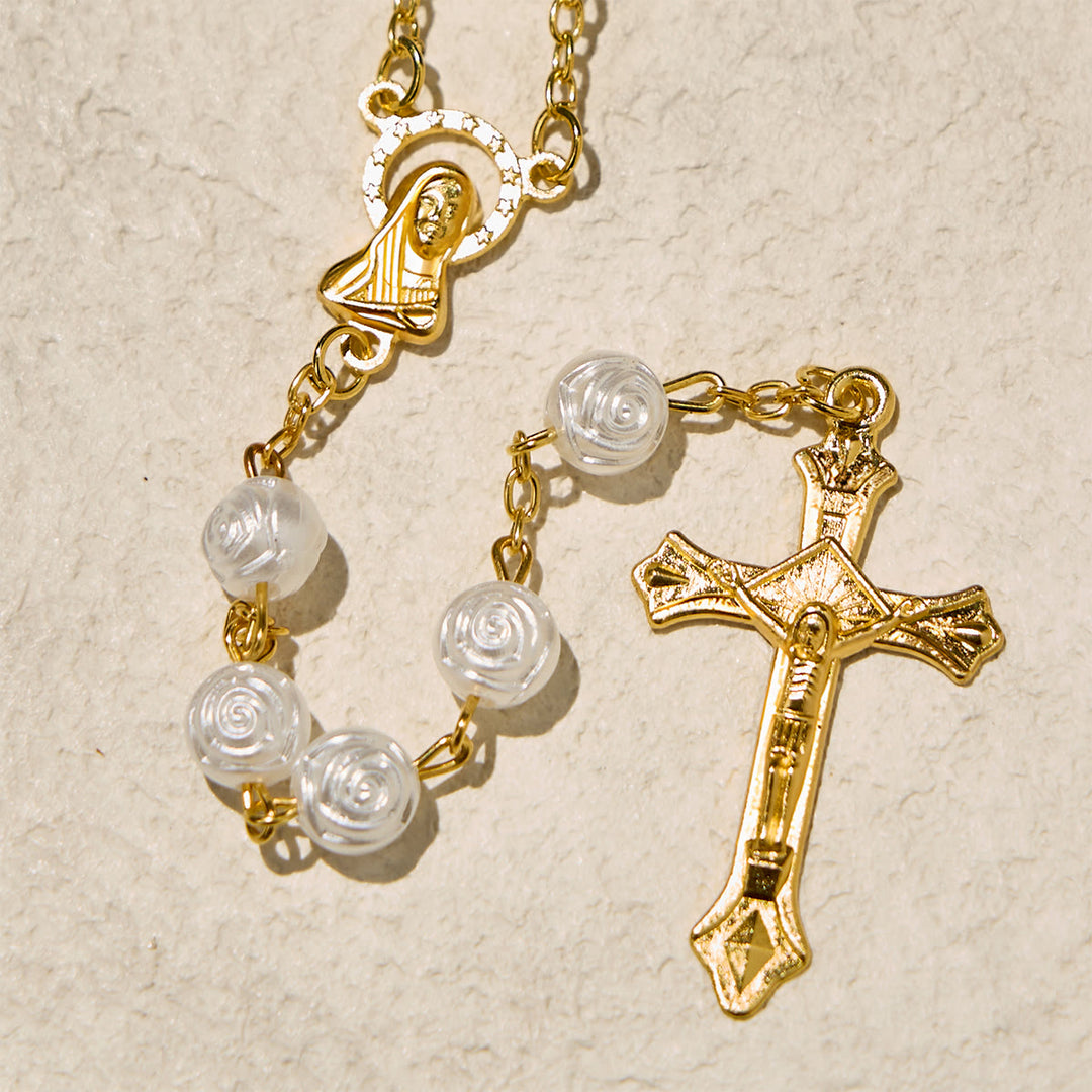 Christianartworkshop Chapelet élégant en perles de rose blanche avec boîte à la Vierge Marie pour les bénédictions - image 6