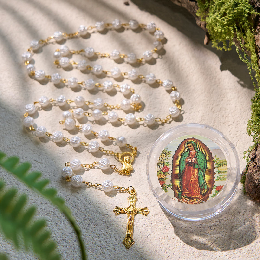 Christianartworkshop Chapelet élégant en perles de rose blanche avec boîte à la Vierge Marie pour les bénédictions - Doré - image 0