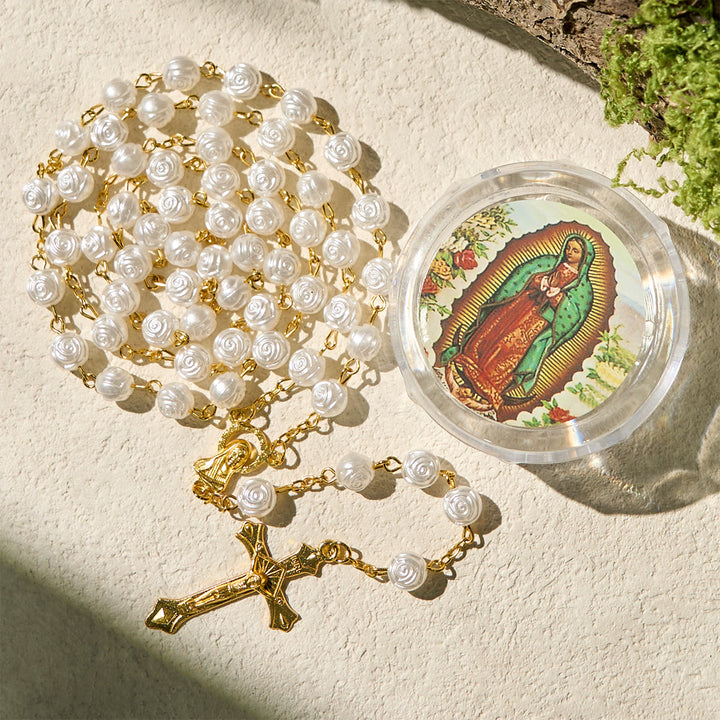 Christianartworkshop Chapelet élégant en perles de rose blanche avec boîte à la Vierge Marie pour les bénédictions - image 2