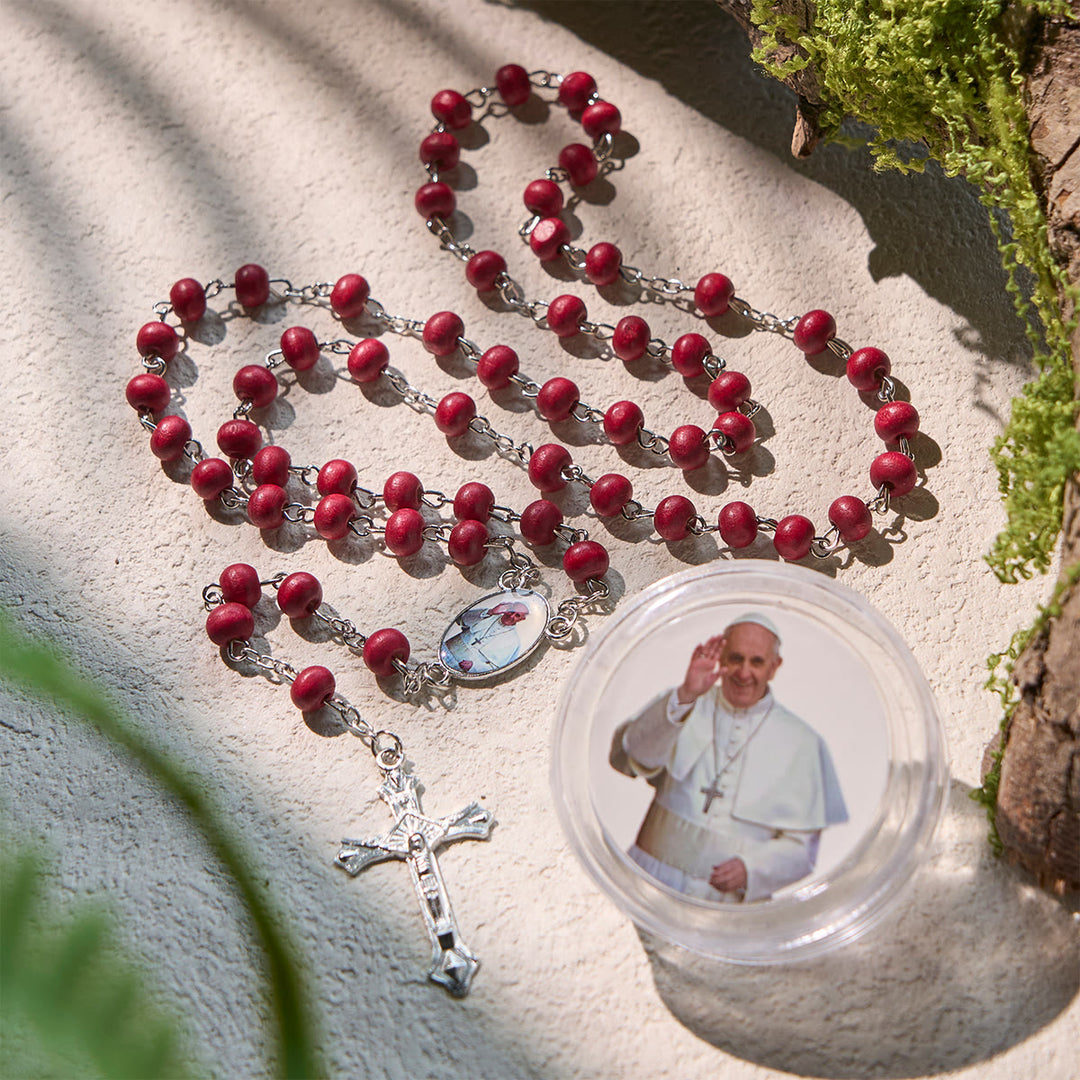 Christianartworkshop Chapelet divin en bois rouge et blanc avec étui béni par le pape François - Rouge - image 0