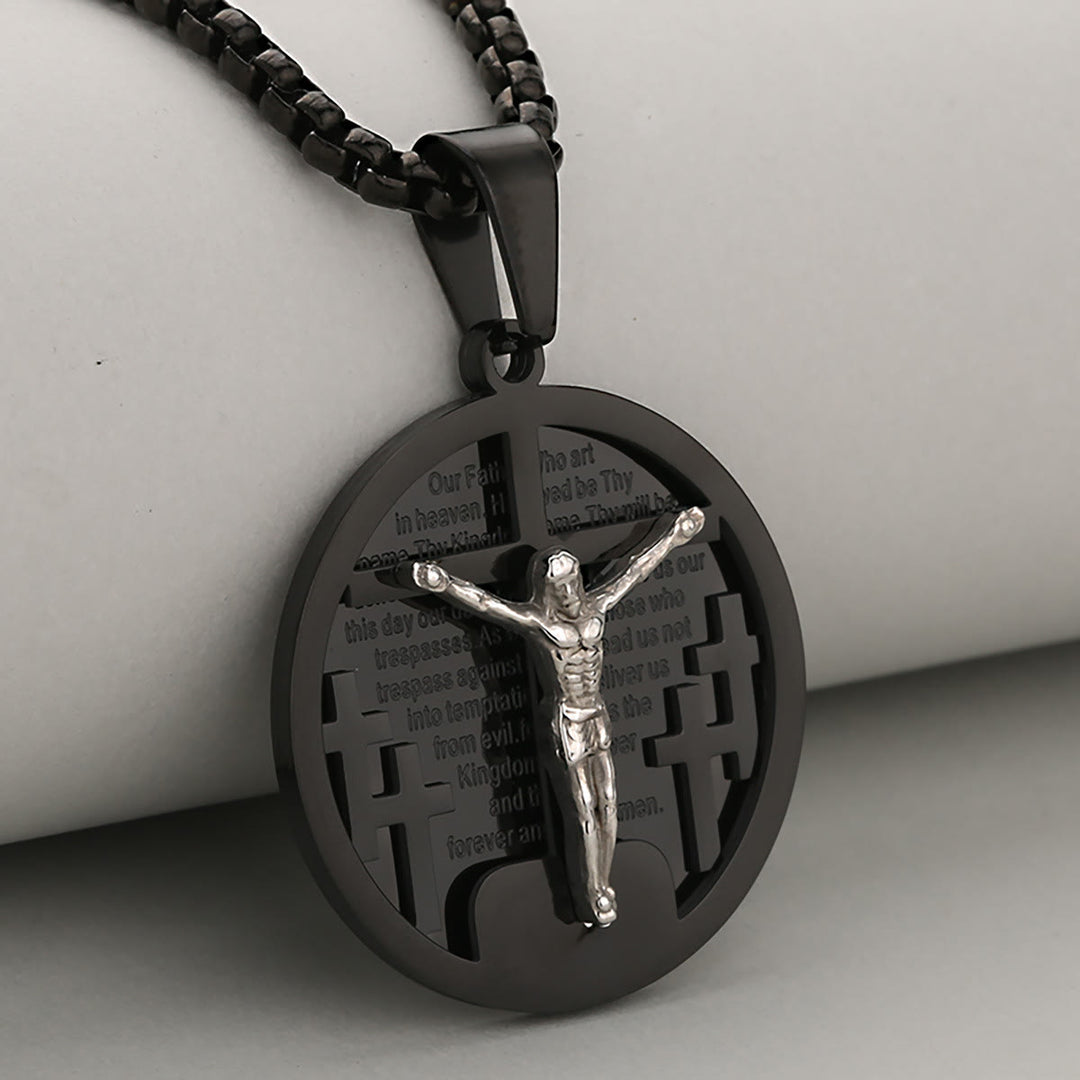 Christianartworkshop Collier pendentif crucifix rond en quatre couleurs, idéal pour les cadeaux religieux - Noir et argent - image 3