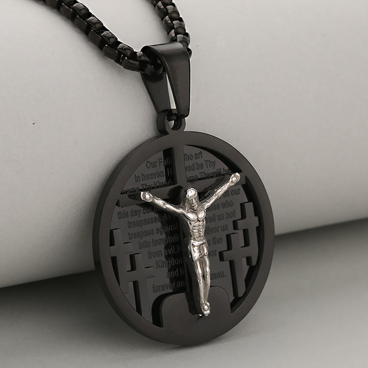 Christianartworkshop Collier pendentif crucifix rond en quatre couleurs, idéal pour les cadeaux religieux - Noir et argent - image 3