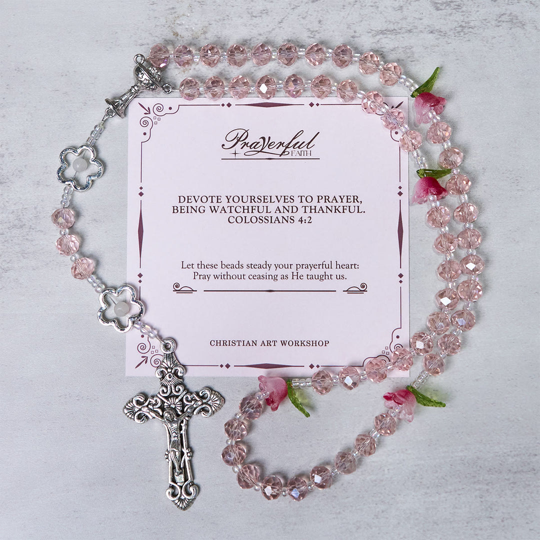 Christianartworkshop Jésus est le cadeau : Chapelet élégant en cristal rose fait main avec perles roses en 3D et carte cadeau - FOI PRIÉE - image 2