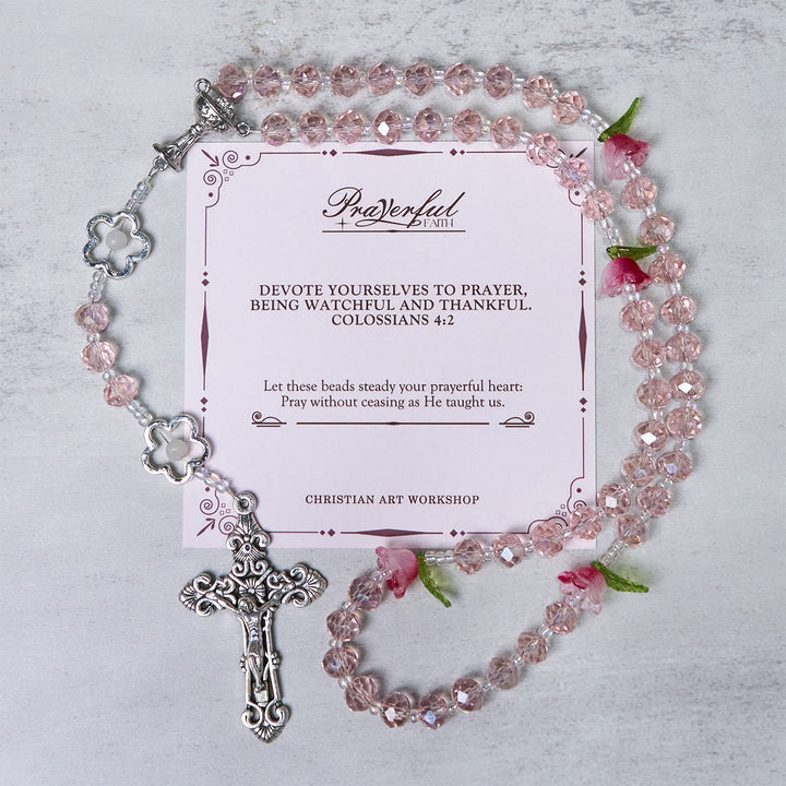 Christianartworkshop Jésus est le cadeau : Chapelet élégant en cristal rose fait main avec perles roses en 3D et carte cadeau - FOI PRIÉE - image 2