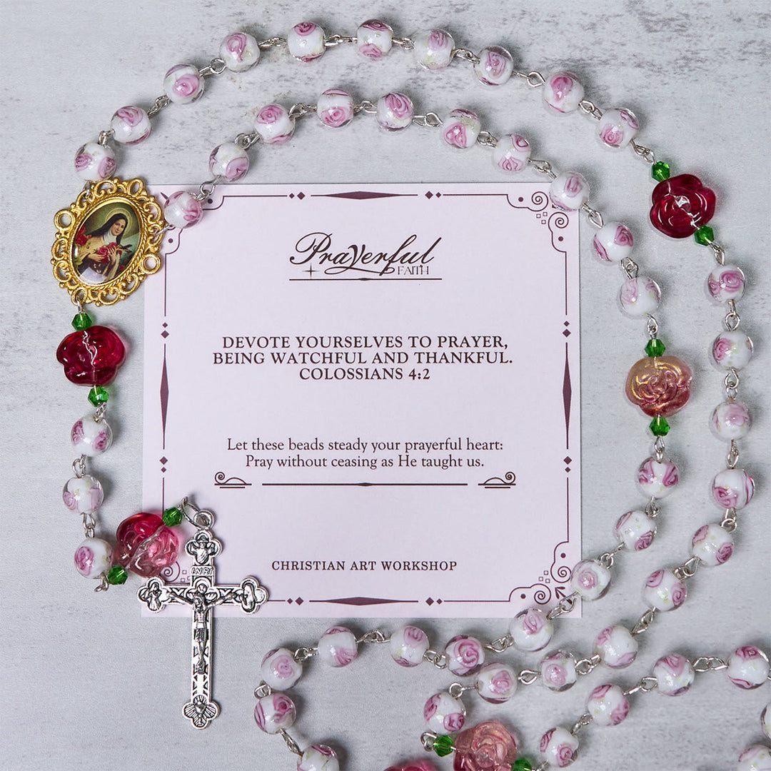 Christianartworkshop FOI PRIÈRE : Chapelet élégant fait main en rose et ivoire avec carte cadeau - FOI PRIÉE - image 2