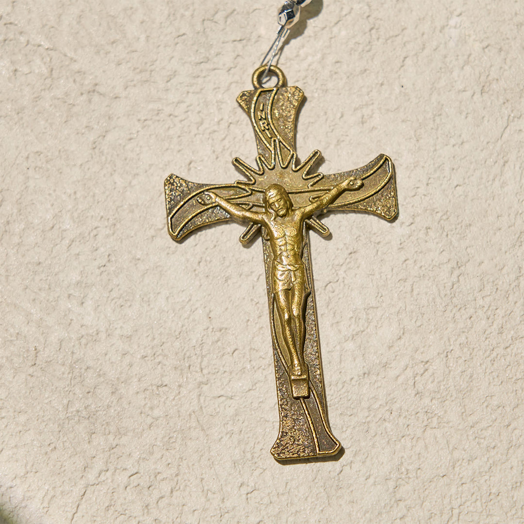 Christianartworkshop Chapelet élégant à grains transparents et brillants, orné d'une statuette de saint Benoît en bronze, pour la prière quotidienne - image 6