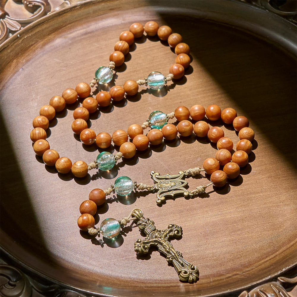 Christianartworkshop Chapelet classique en bois brun thuya avec perles vert vif et Notre-Dame - image 1