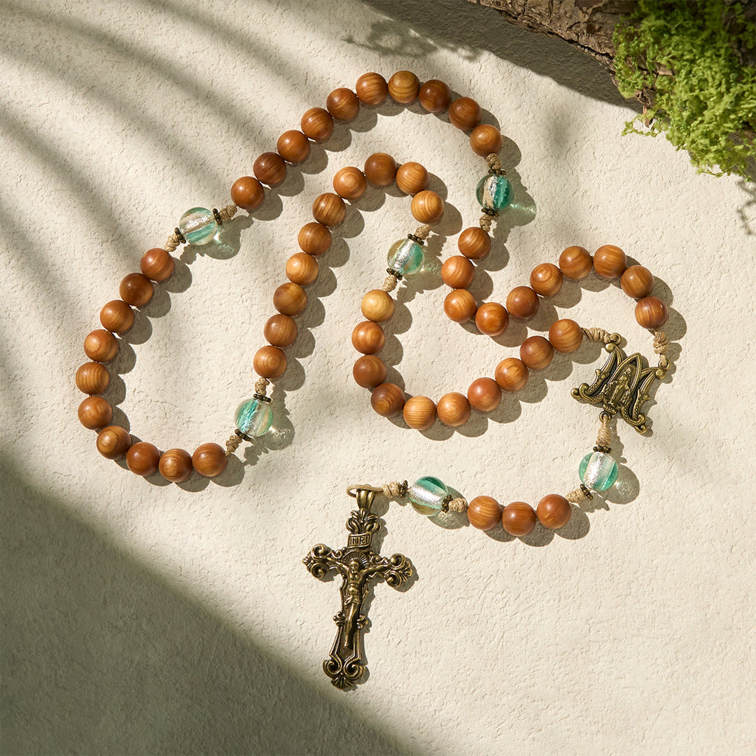 Christianartworkshop Chapelet classique en bois brun thuya avec perles vert vif et Notre-Dame - image 3