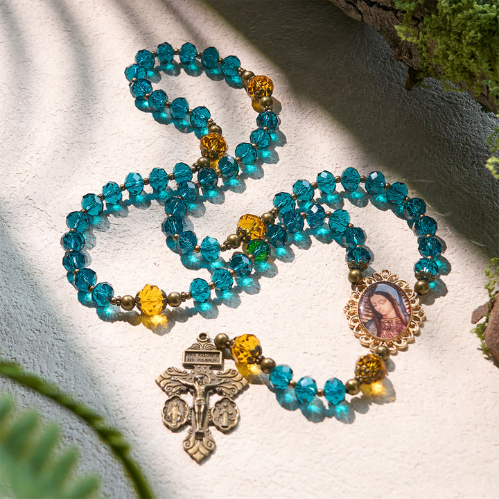 Christianartworkshop Chapelet bleu et ambre brillant avec médaille de Notre-Dame et crucifix antique pour le pardon - image 4
