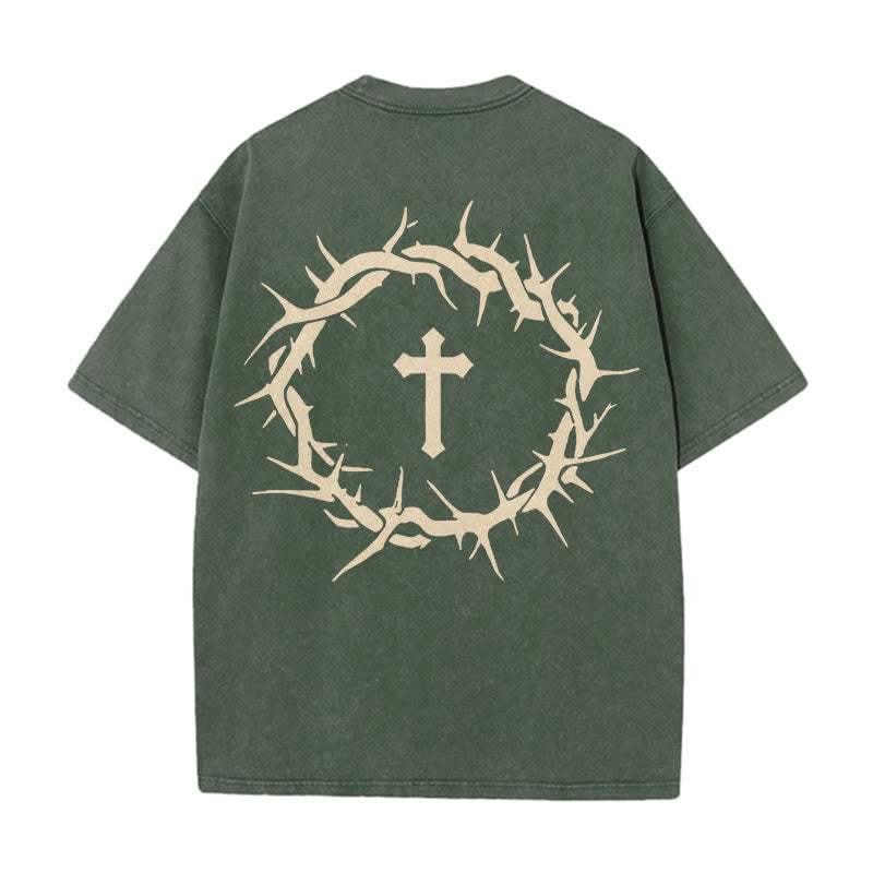 T-shirt unisexe délavé Christianartworkshop « La foi plutôt que la peur » avec croix d'épines - Vert armée - 5XL - image 8