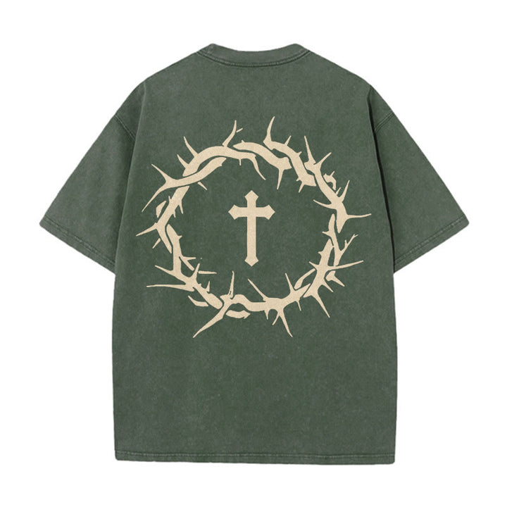 T-shirt unisexe délavé Christianartworkshop « La foi plutôt que la peur » avec croix d'épines - Vert armée - 5XL - image 8