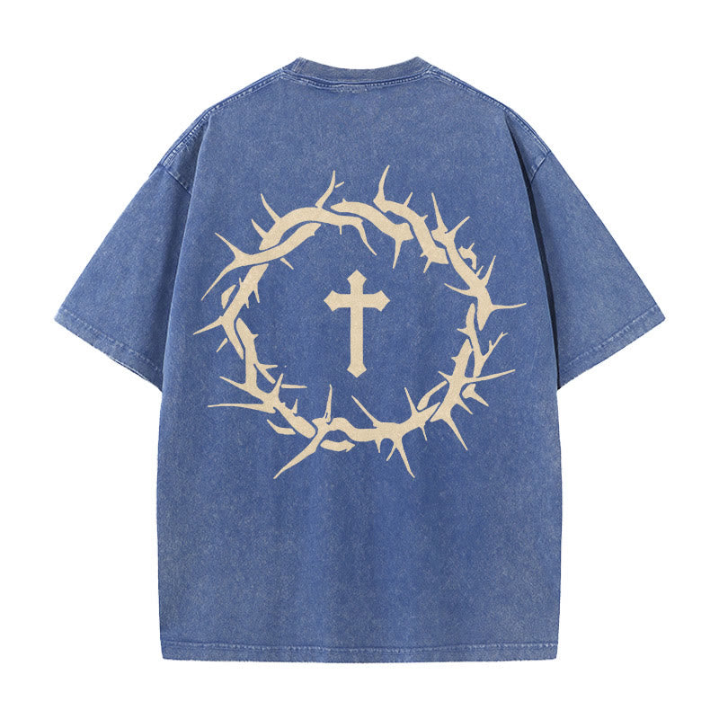 T-shirt unisexe délavé Christianartworkshop « La foi plutôt que la peur » avec croix d'épines - Bleu - 5XL - image 10