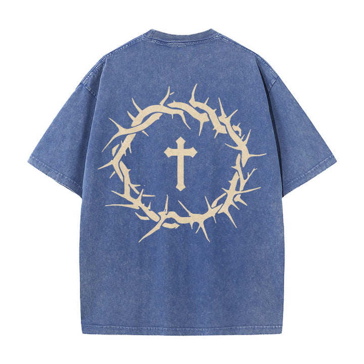 T-shirt unisexe délavé Christianartworkshop « La foi plutôt que la peur » avec croix d'épines - Bleu - 5XL - image 10