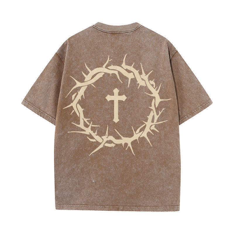 T-shirt unisexe délavé Christianartworkshop « La foi plutôt que la peur » avec croix d'épines - Café - 5XL - image 14