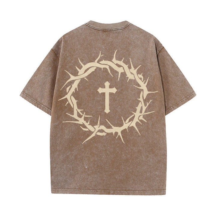 T-shirt unisexe délavé Christianartworkshop « La foi plutôt que la peur » avec croix d'épines - Café - 5XL - image 14