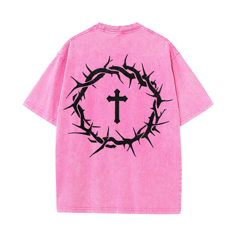 T-shirt unisexe délavé Christianartworkshop « La foi plutôt que la peur » avec croix d'épines - Rose - 5XL - image 18