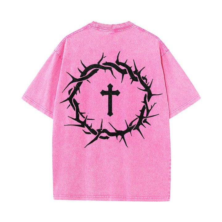 T-shirt unisexe délavé Christianartworkshop « La foi plutôt que la peur » avec croix d'épines - Rose - 5XL - image 18