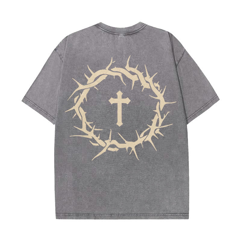 T-shirt unisexe délavé Christianartworkshop « La foi plutôt que la peur » avec croix d'épines - Gris - 5XL - image 0