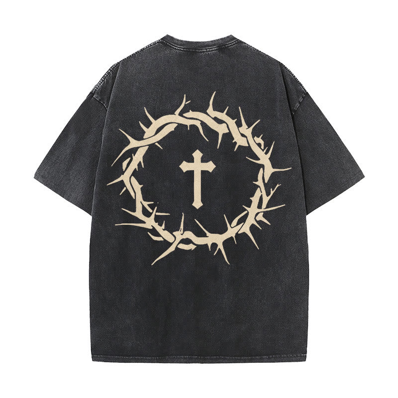 T-shirt unisexe délavé Christianartworkshop « La foi plutôt que la peur » avec croix d'épines - Noir - 5XL - image 2