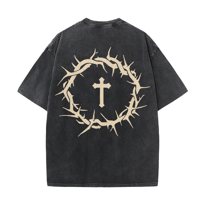 T-shirt unisexe délavé Christianartworkshop « La foi plutôt que la peur » avec croix d'épines - Noir - 5XL - image 2