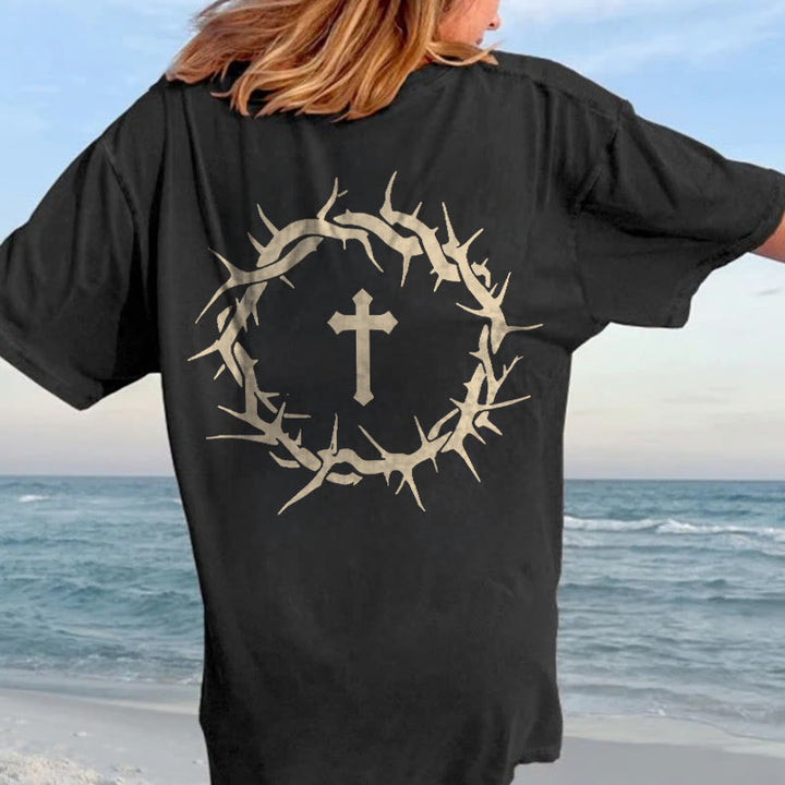 T-shirt unisexe délavé Christianartworkshop « La foi plutôt que la peur » avec croix d'épines - image 4