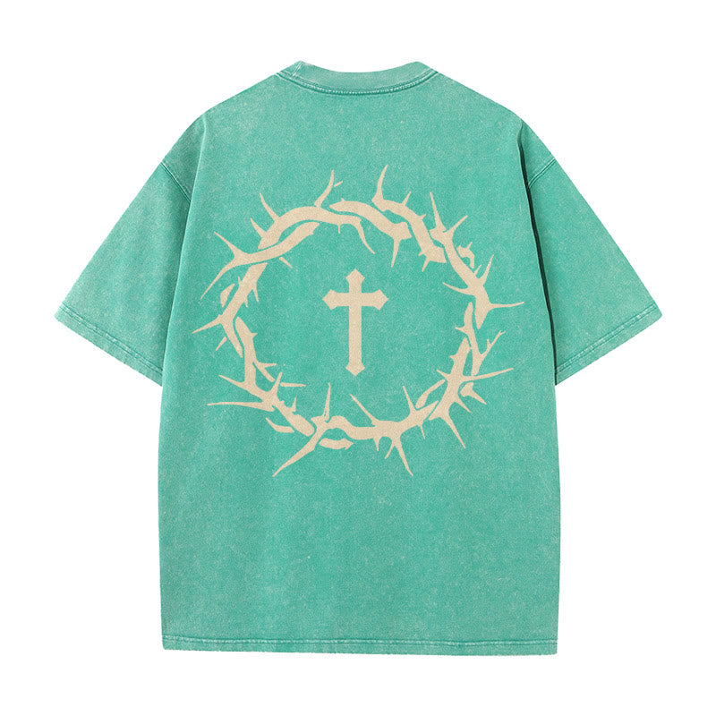 T-shirt unisexe délavé Christianartworkshop « La foi plutôt que la peur » avec croix d'épines - Vert - 5XL - image 16