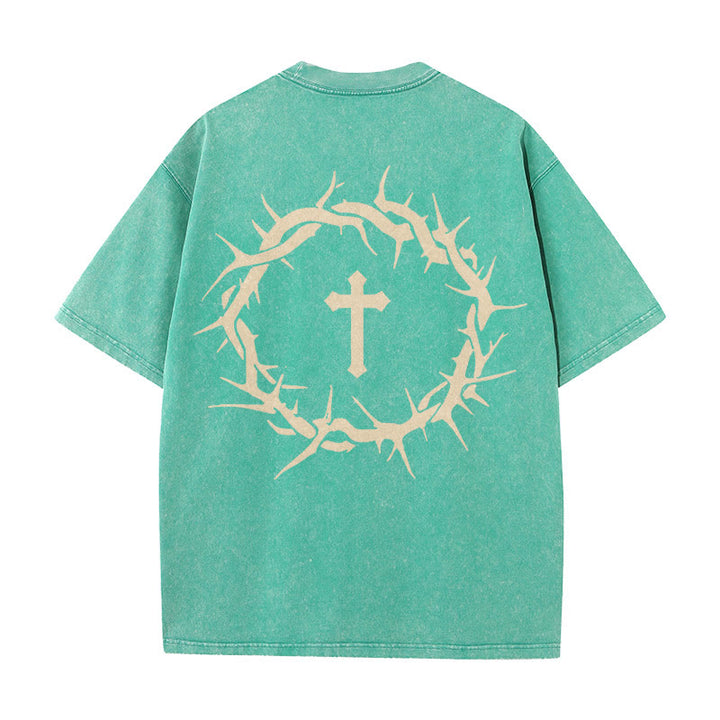 T-shirt unisexe délavé Christianartworkshop « La foi plutôt que la peur » avec croix d'épines - Vert - 5XL - image 16