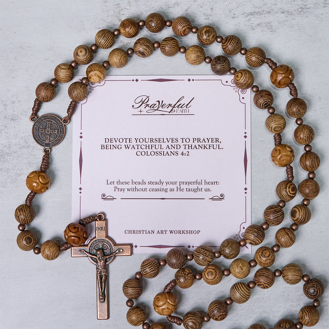 Christianartworkshop FOI PRIÉE : Chapelet divin en bois d'olivier avec médaille de saint Benoît et crucifix - FOI PRIÉE - image 0