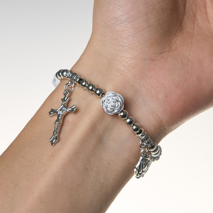 Christianartworkshop Chapelet et bracelets de dévotion en perles de rose blanche délicates avec la Vierge Marie - image 10