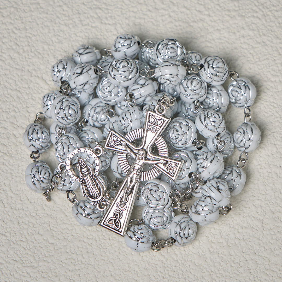 Christianartworkshop Chapelet et bracelets de dévotion en perles de rose blanche délicates avec la Vierge Marie - image 8