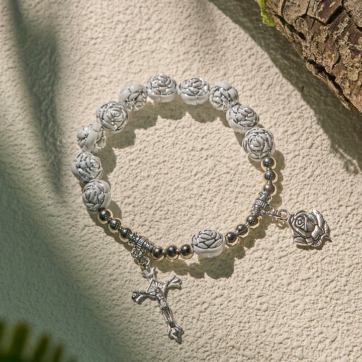Christianartworkshop Chapelet et bracelets de dévotion en perles de rose blanche délicates avec la Vierge Marie - image 12