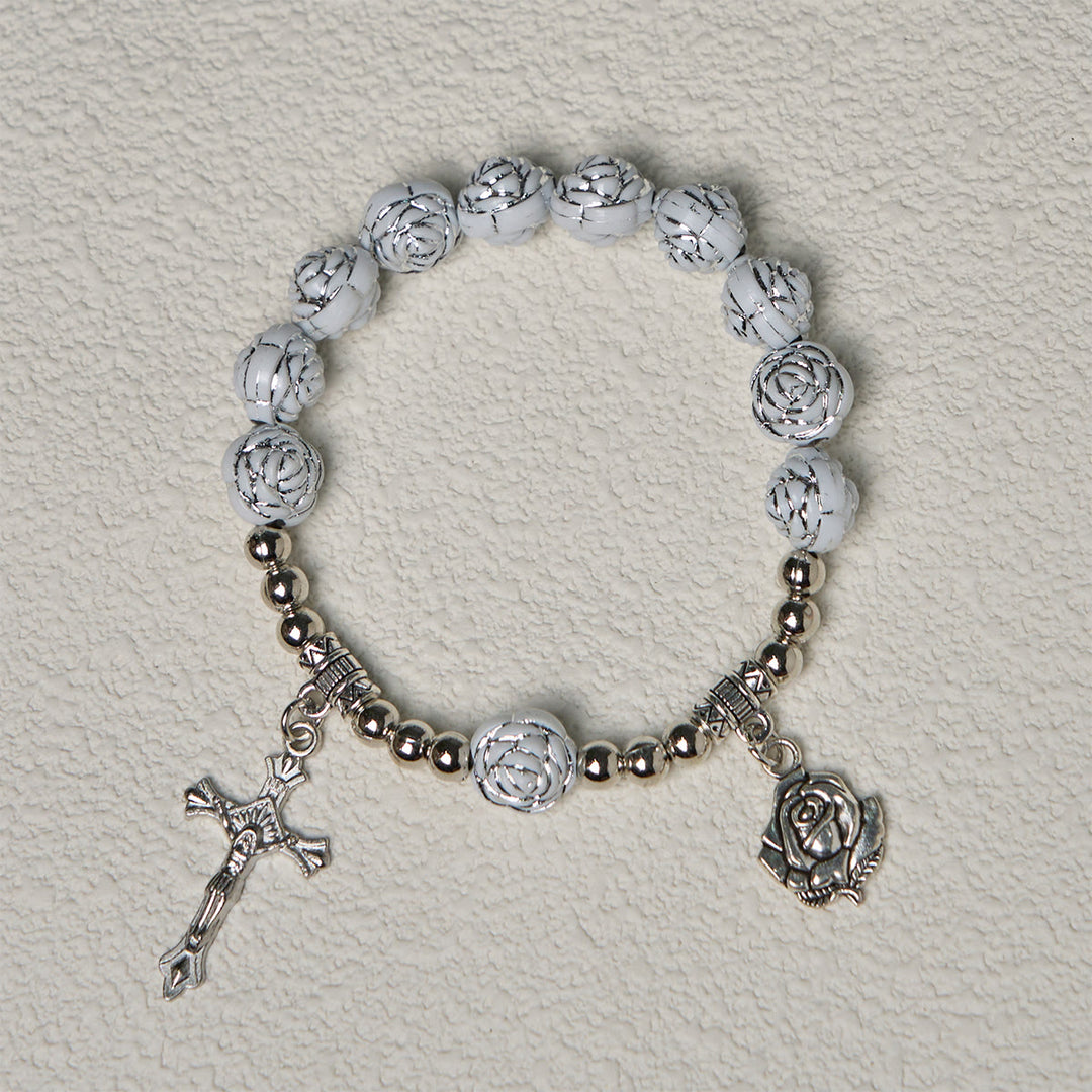 Christianartworkshop Chapelet et bracelets de dévotion en perles de rose blanche délicates avec la Vierge Marie - image 14