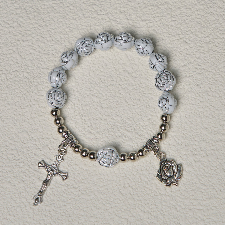 Christianartworkshop Chapelet et bracelets de dévotion en perles de rose blanche délicates avec la Vierge Marie - image 14