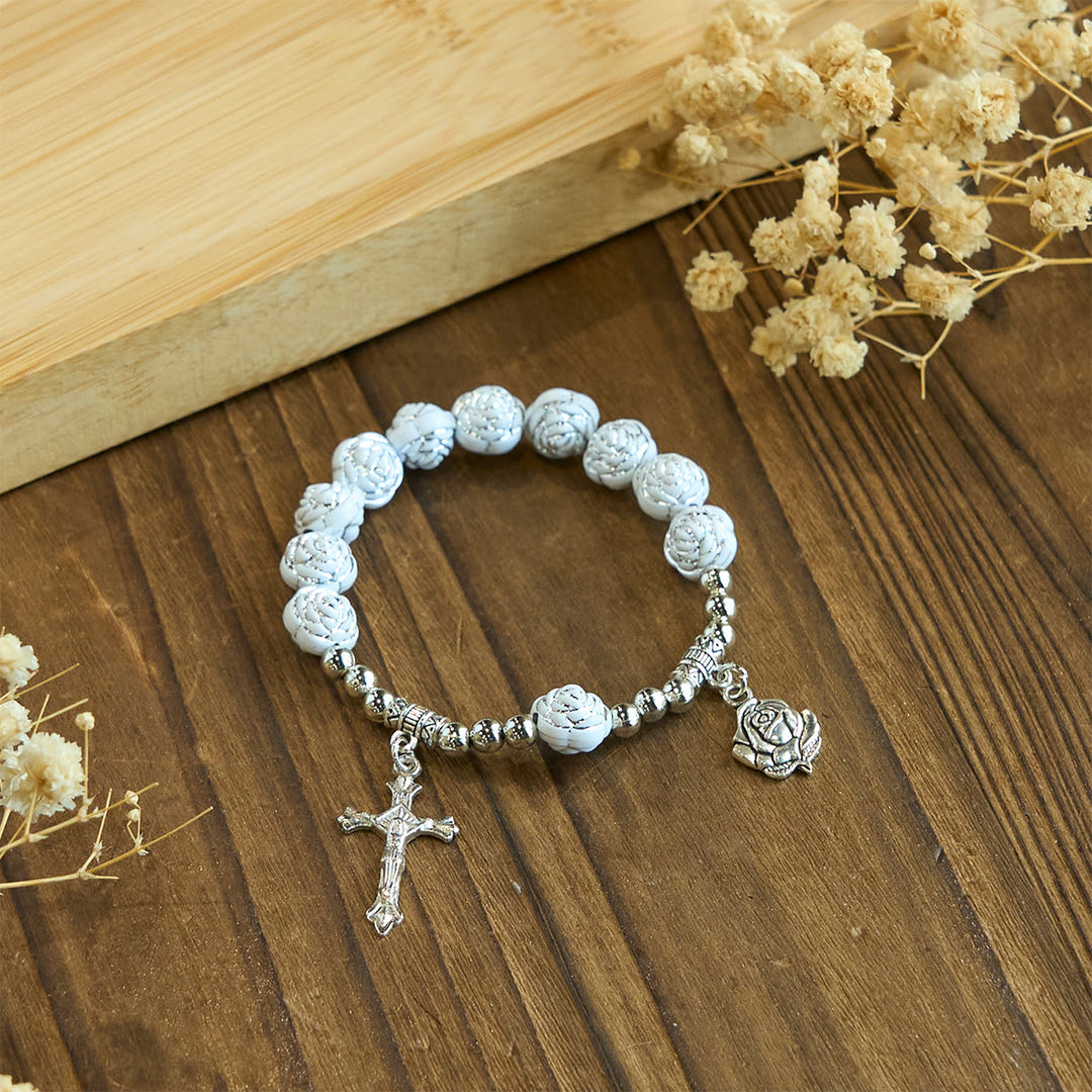 Christianartworkshop Chapelet et bracelets de dévotion en perles de rose blanche délicates avec la Vierge Marie - image 13