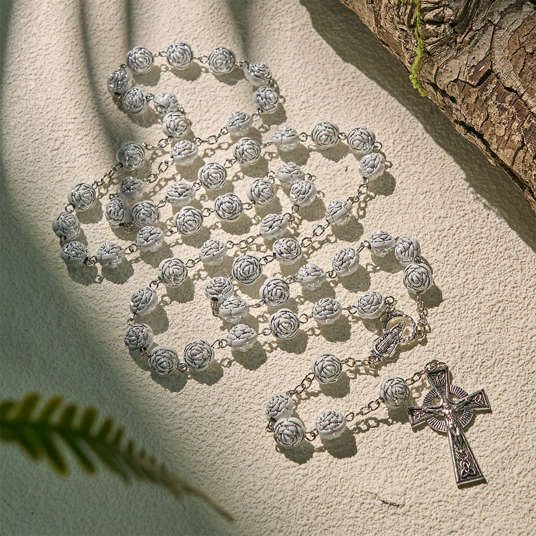 Christianartworkshop Chapelet et bracelets de dévotion en perles de rose blanche délicates avec la Vierge Marie - Chapelet - image 0