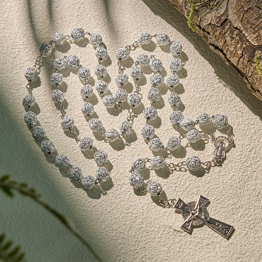 Christianartworkshop Chapelet et bracelets de dévotion en perles de rose blanche délicates avec la Vierge Marie - image 4