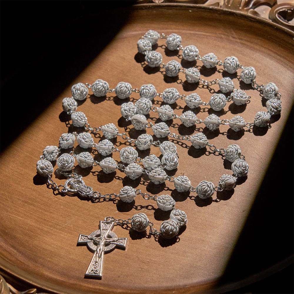 Christianartworkshop Chapelet et bracelets de dévotion en perles de rose blanche délicates avec la Vierge Marie - image 1