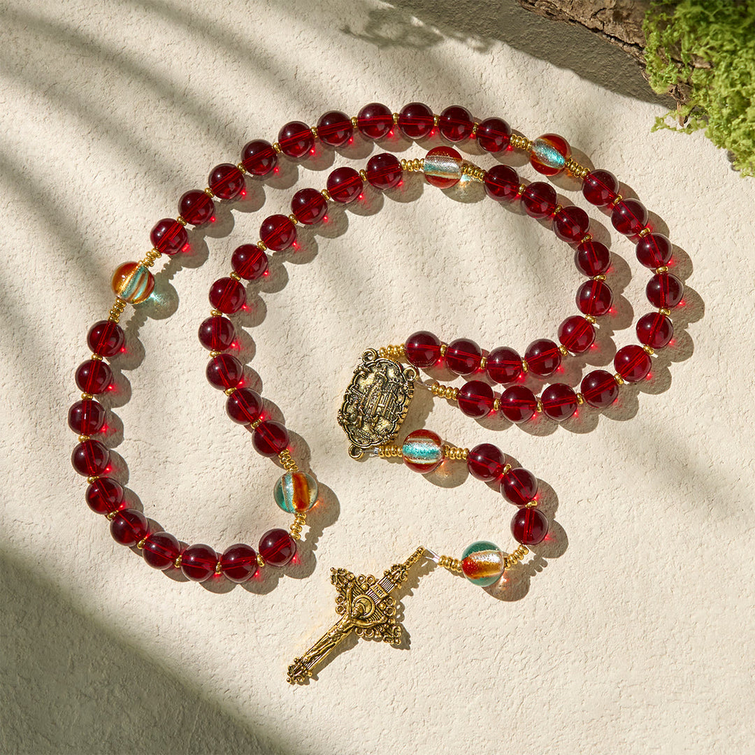 Christianartworkshop Chapelet Notre-Dame de Fatima avec perles rouge vin et arc-en-ciel scintillantes. - image 3