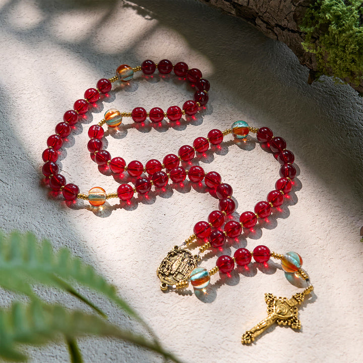 Christianartworkshop Chapelet Notre-Dame de Fatima avec perles rouge vin et arc-en-ciel scintillantes. - image 4